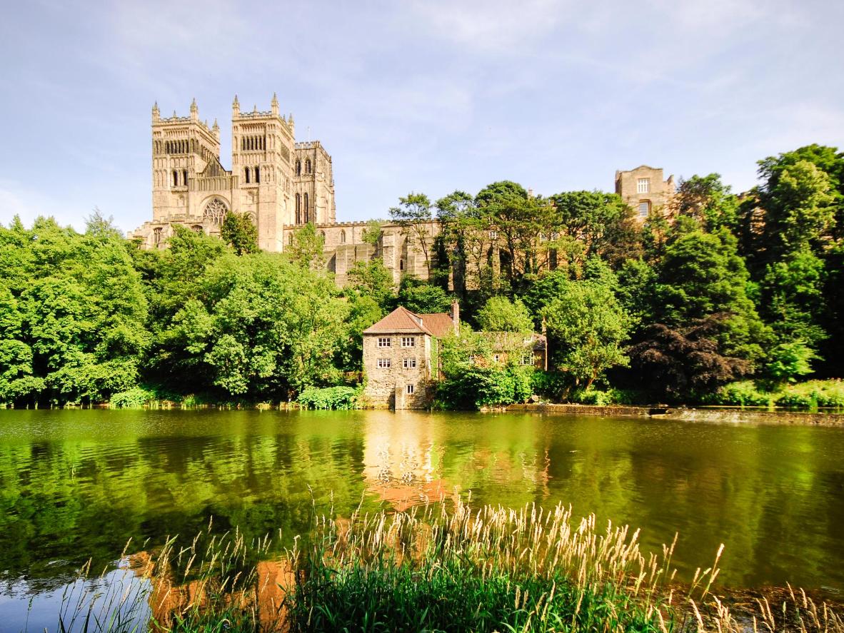 Durham Cathedral and Castle, both built upon a hilltop that rises out of a loop in the River Wear