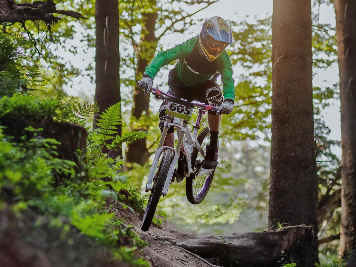 Mountain biker riding through woods