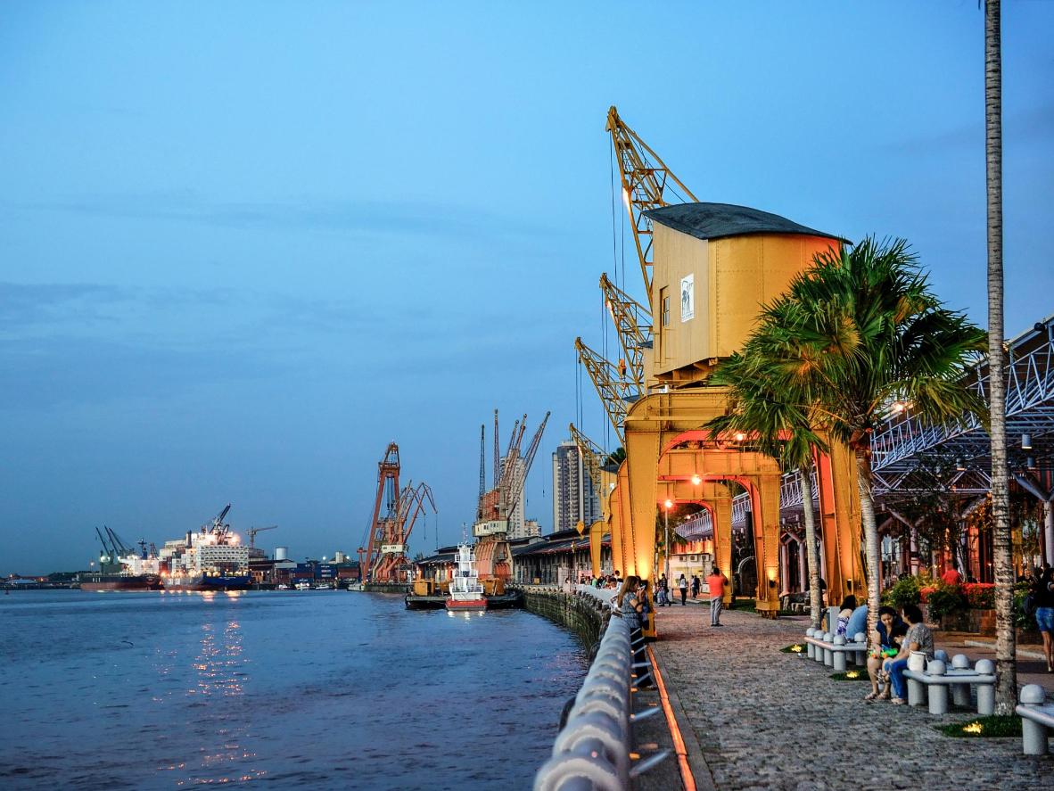 Head to Belém's waterfront promenade, Estação das Docas, and restaurant Lá em casa